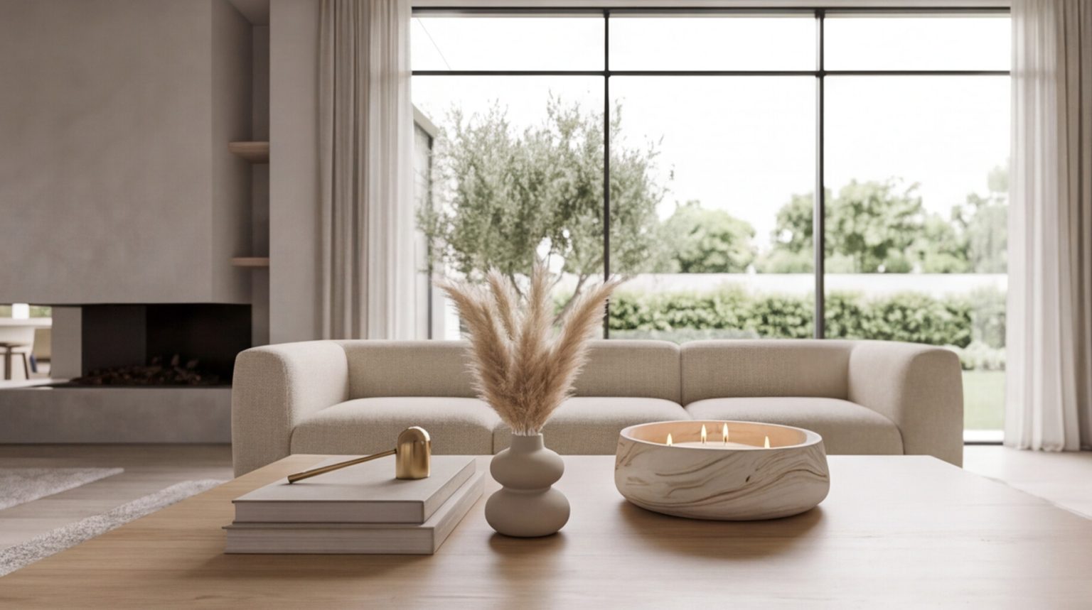 Candle bowl and dried grasses on a coffee table in a sunlit living room