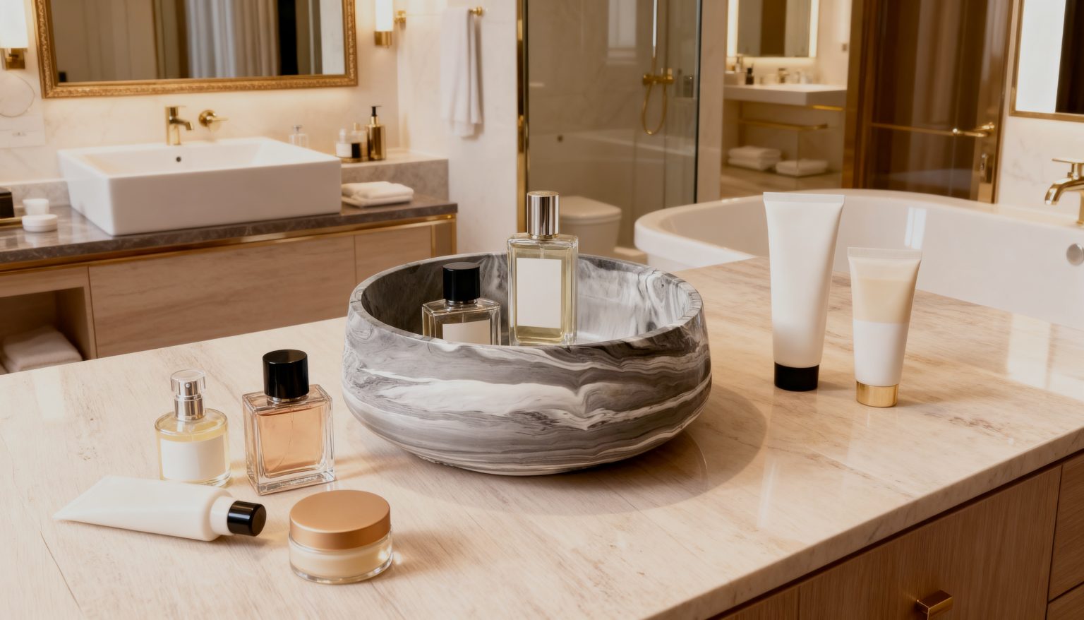 Marbled resin bowl holding skincare products on a bathroom counter