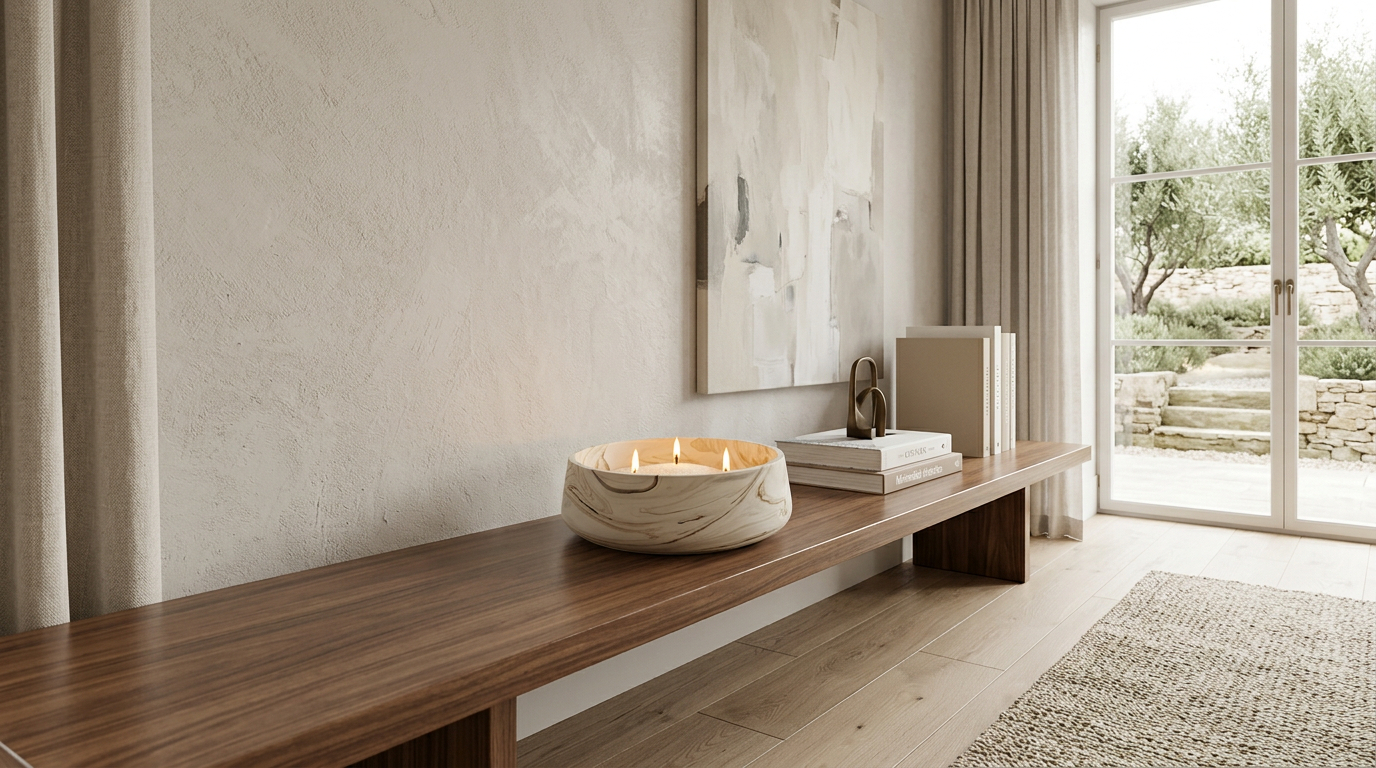 Statement candle bowl on a long wooden bench in a calm, neutral living room