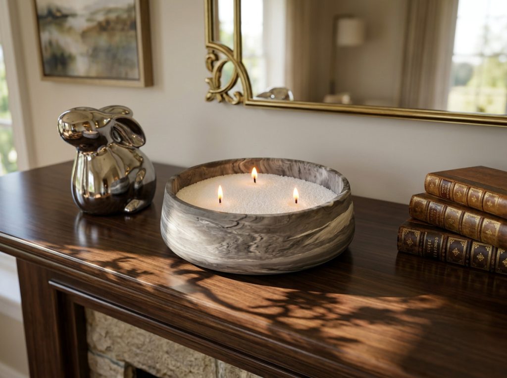 Statement bowl used as a candle with lit wicks in candle sand