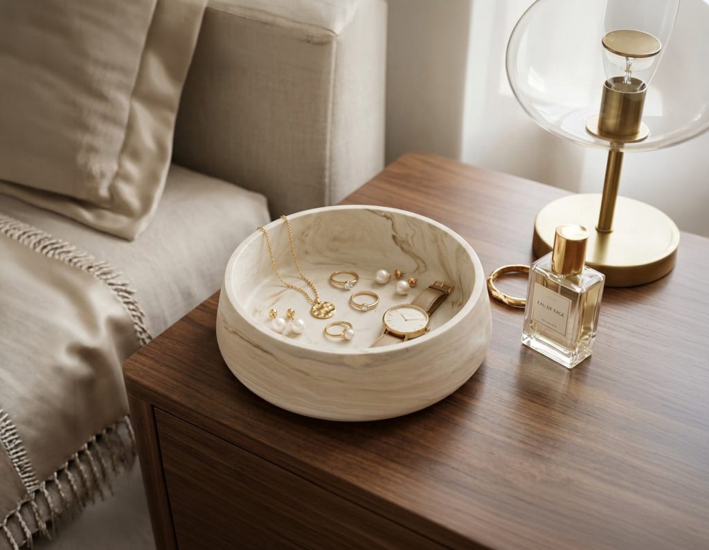 Statement bowl holding jewellery on a table