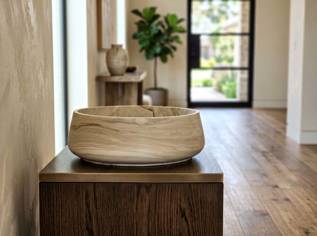 Textured statement bowl displayed on its own on a wooden dresser