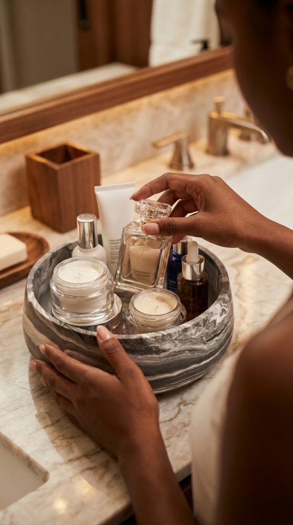 Hands holding a statement bowl filled with perfume and skincare bottles