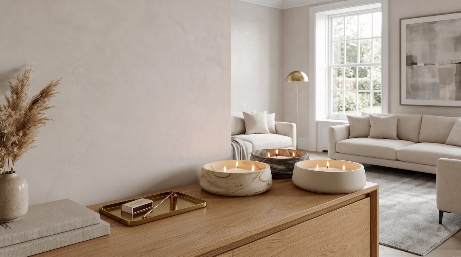 Two handmade resin candle bowls styled on a wooden sideboard in a living room