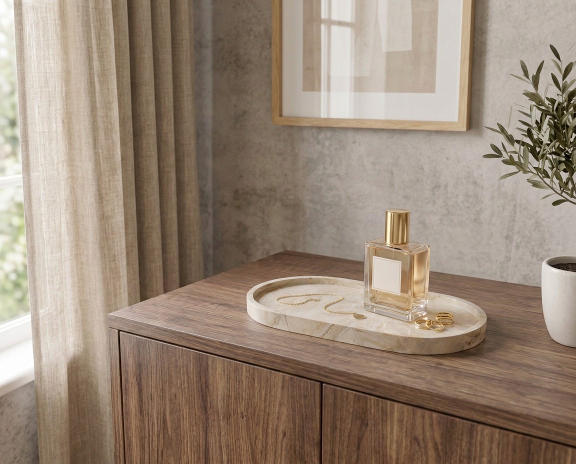 Slim cream marble Oval Tray holding a perfume bottle, a gold chain and rings on a walnut sideboard